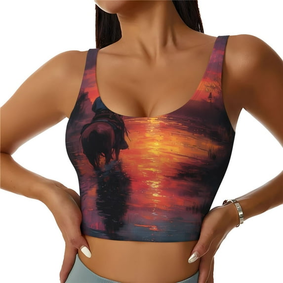 Honeii Sunset River Western Cowboy patten Workout Crop Tank Top for Women Yoga Tank Tops Athletic Sports Shirts Exercise Undershirts,Sports Bra,Sports vest-Large