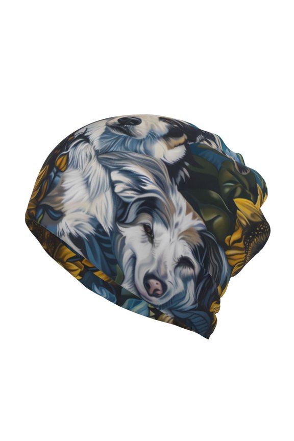 Sunset Sunflower Dog Print Winter Beanie Daily Hat - Thermal Polar Fleece Ski Running Hat Skull Cap for Men and Women,Beanie