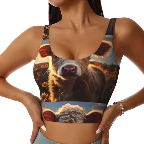 Honeii Sunset Sunflower Small Cow patten Workout Crop Tank Top for Women Yoga Tank Tops Athletic Sports Shirts Exercise Undershirts,Sports Bra,Sports vest-XX-Large