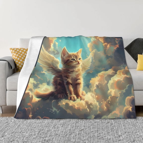 Honeii Sunshine Cloud Cute Cat print throw blanket, crafted from cozy cotton flannel, offers versatile home decor as a bedding suitable for all seasons.-60"x50"