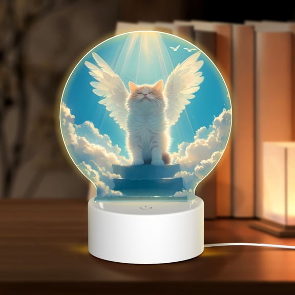 Honeii Sunshine Cute Winged Cat Print Acrylic LED Night Lamp,Round Touch-Control Night Light with 3 Lighting Modes,for Bedrooms, Living Rooms, and Gifting