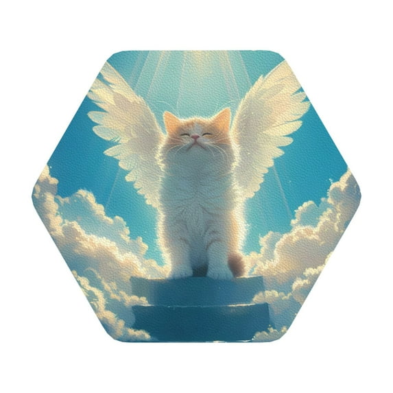 Honeii Sunshine Cute Winged Cat Print Leather Coaster Set of 6, Ideal for Safeguarding Your Furniture from Drinks Spills and Effortless Cleanup,Hexagon