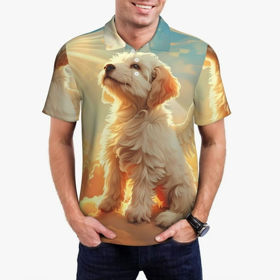 Honeii Sunshine Golden Cloud Dog print Polo Shirt, a classic short-sleeved, button-down golf shirt designed for menMedium