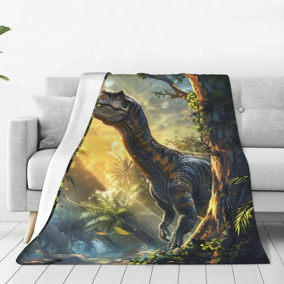 Honeii Sunshine Jungle Dinosaur Print Fleece Blanket - Throw Blanket for Bed, Sofa, Couch, Camping, and Travel , Microplush Ultra Soft Warm Blanket-60"x50"