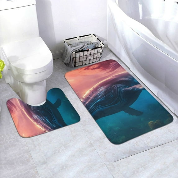 Honeii Sunshine Ocean Whale Pattern Bathroom Anti-Skid Pad Bathroom Mat Vintage Seamless Pattern Not-Slip Toilet Rug Set