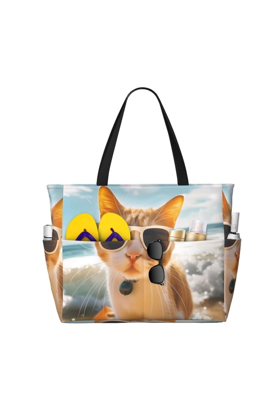 Surfing Cat Sun for Tote Bag with Adjustable Strap,Beach Bag, Waterproof Sandproof Beach Tote Bag, Large Capacity Foldable Beach Bags