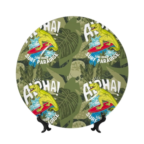 Honeii Surfing Dinosaur Print Elegant Bone China Decorative Plate, Porcelain Plate,Art Crafts,Ceramic Ornaments for Home Office Wall Decor-7in