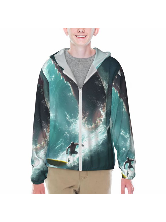 Surfing Shark Print Sun Protection Jacket Hooded Cooling Shirt with Pockets Hiking Outdoor Performance-XX-Large