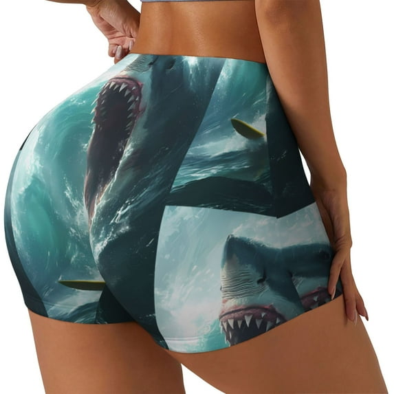 Honeii Surfing Shark Print Women's Workout Shorts, Gym Shorts for Active Wear, Sports Shorts,Women's Running Shorts,Quick Dry Athletic Shorts-Small