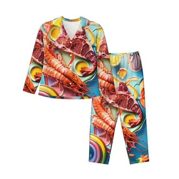 Honeii Surreal Seafood Extravaganza Print Women's Pajama Sets Long Sleeve Button Down Sleepwear Nightwear Soft Pjs Lounge Sets 2PCS-Large