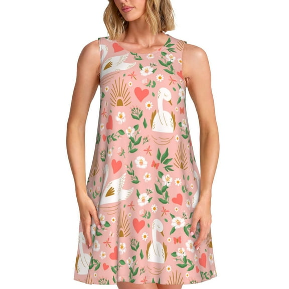 Honeii Swan And Flowers3 Print Women's Sleeveless Dress, Loose Fit Casual Dress for Women, Summer Fashion Dress