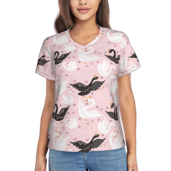 Honeii Swan And Flowers2 Print Women's Classic V-Neck T-Shirt,Womens Fashion Tops,Stylish Everyday Top for Women, Casual Summer Spring Outfits Clothes-3X-Large
