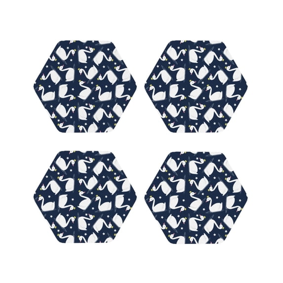 Honeii Swan print Leather Coaster Set of 4, ideal for safeguarding your furniture from drinks spills and effortless cleanup-Hexagon