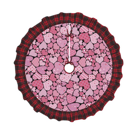 Honeii Sweet Heart Pattern Christmas Tree Skirt, Christmas Ribbon Holly Winter Holiday Tree Mat Decoration-
