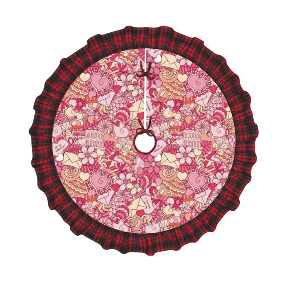 Honeii Sweet Pattern Christmas Tree Skirt, Christmas Ribbon Holly Winter Holiday Tree Mat Decoration-