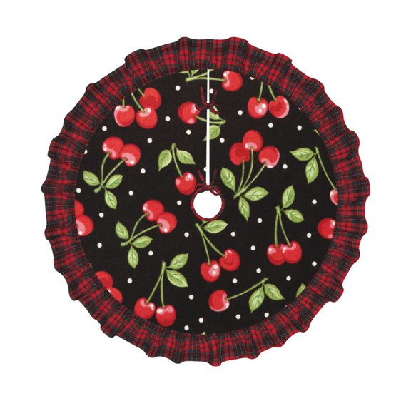 Honeii Sweet Red Cherry Pattern Christmas Tree Skirt, Christmas Ribbon Holly Winter Holiday Tree Mat Decoration-30"