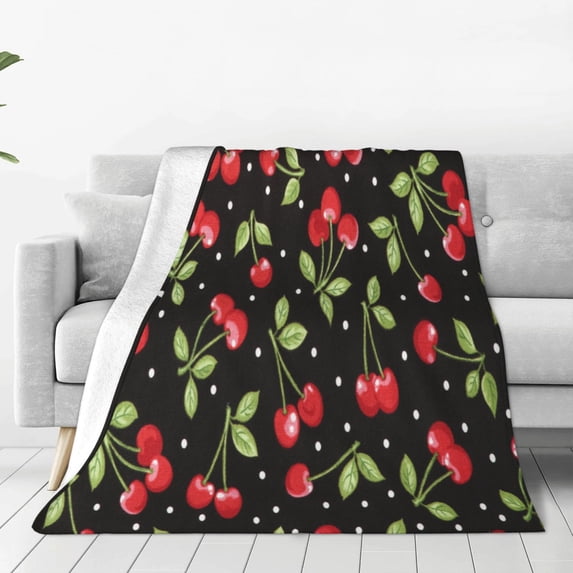 Honeii Sweet Red Cherry Print Fleece Blanket - Throw Blanket for Bed, Sofa, Couch, Camping, and Travel , Microplush Ultra Soft Warm Blanket-50"x40"