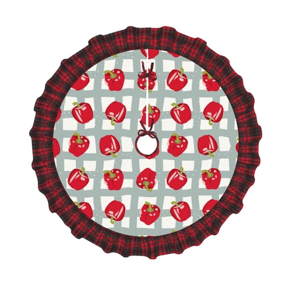 Honeii Sweet Red Fruit Pattern Christmas Tree Skirt, Christmas Ribbon Holly Winter Holiday Tree Mat Decoration-36"