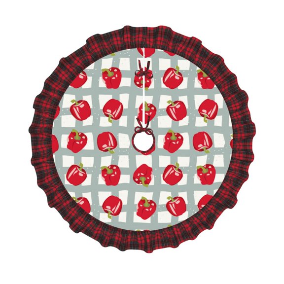 Honeii Sweet Red Fruit Pattern Christmas Tree Skirt, Christmas Ribbon Holly Winter Holiday Tree Mat Decoration-