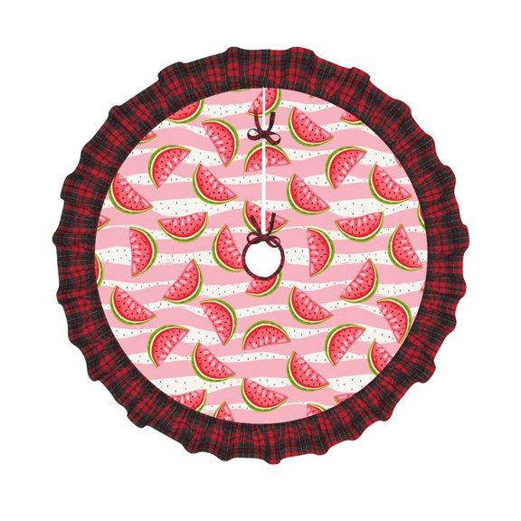 Honeii Sweet Watermelon Pattern Christmas Tree Skirt, Christmas Ribbon Holly Winter Holiday Tree Mat Decoration-36"