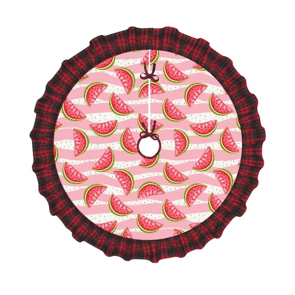 Honeii Sweet Watermelon Pattern Christmas Tree Skirt, Christmas Ribbon Holly Winter Holiday Tree Mat Decoration-