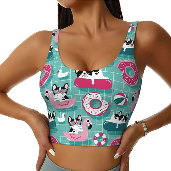 Honeii Swimming Bulldog patten Workout Crop Tank Top for Women Yoga Tank Tops Athletic Sports Shirts Exercise Undershirts,Sports Bra,Sports vest-XX-Large
