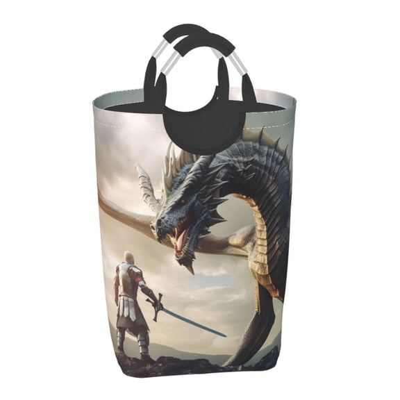 Honeii Swordsman Cool Dragon Print Laundry Hamper Collapsible Laundry Baskets, Freestanding Waterproof Clothes Hamper with Easy Carry Handles