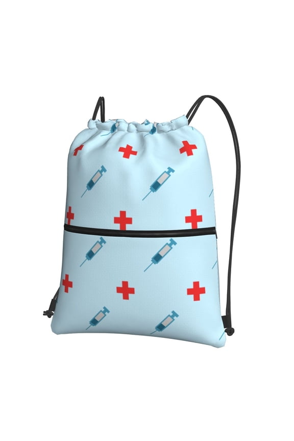 Syringe And Red Cross Print Drawstring Backpack,String Bag,Sackpack Cinch Water Resistant Nylon for Gym Shopping Sport Yoga