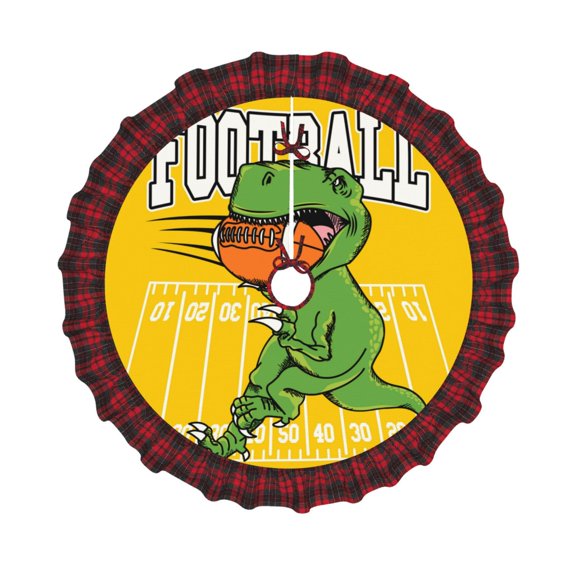 Honeii T-Rex Playing Football Pattern Christmas Tree Skirt, Christmas Ribbon Holly Winter Holiday Tree Mat Decoration-30"