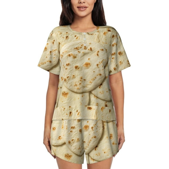 Honeii Taco Tortillas for Women's Summer Pajama Set ,Soft Short Sleeve Shirt & Matching Bottoms,Loungewear,2PCS Sleepwear Relaxed Home Wear-