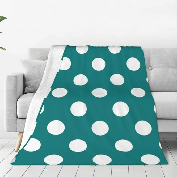 Honeii Teal And White Polka Dot Print Fleece Blanket - Throw Blanket for Bed, Sofa, Couch, Camping, and Travel , Microplush Ultra Soft Warm Blanket-40"x30"
