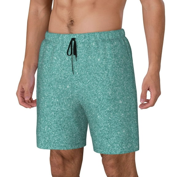 Honeii Teal Green Glitter Print Men's Swim Shorts,Mens Swim Trunks,Breathable Mesh Beach Shorts for Swimming,Surfing, and Beach Activities-Large