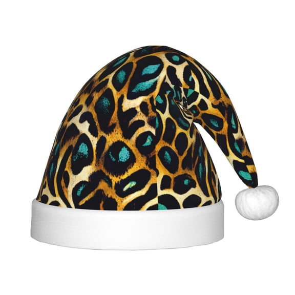 Honeii Teal Leopard Print Hat Santa Claus Hat For Xmas Party, Christmas Caps For Boys Girls Child,Christmas Beanie