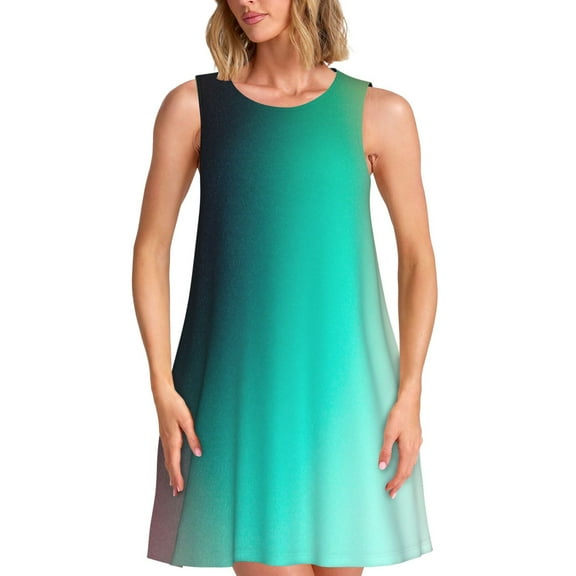 Honeii Teal and Peach Print Women's Sleeveless Dress, Loose Fit Casual Dress for Women, Summer Fashion Dress