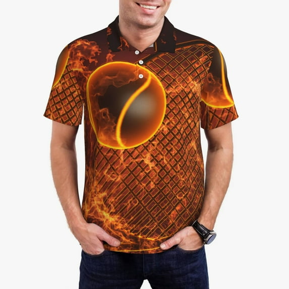 Honeii Tennis Racket In Fire Print Polo Shirt, A Classic Short-Sleeved, Button-Down Golf Shirt for Men,Mens Polo Shirts Short Sleeve-Large