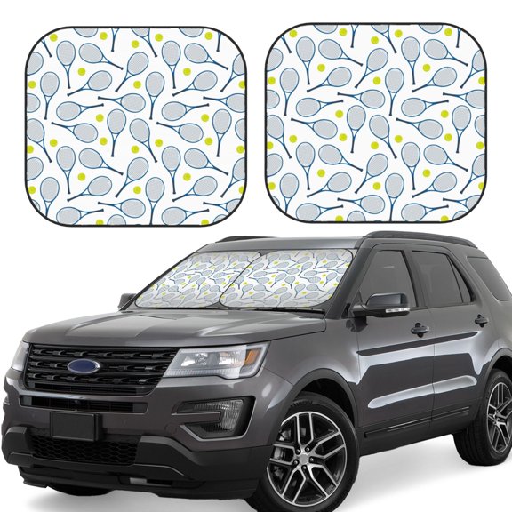 Honeii Tennis Rackets And Balls Print Foldable Car Sun Shade for Windshield, 2-Piece UV Protection Shade, Protects Car Interior, Ideal for Cars, Trucks, SUVs-Medium
