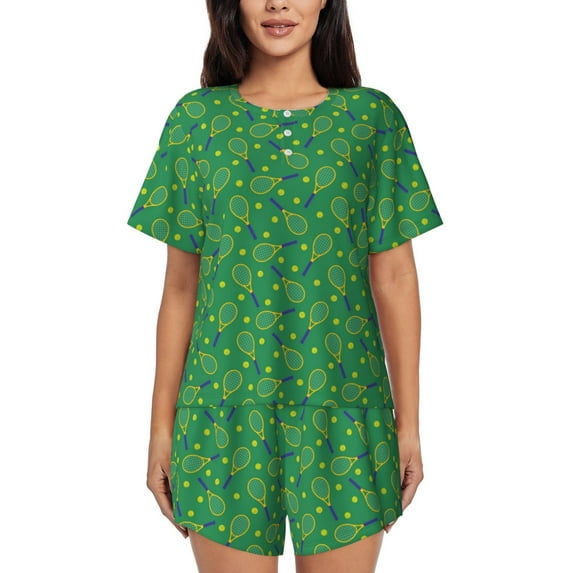 Honeii Tennis Rockets And Balls for Women's Summer Pajama Set ,Soft Short Sleeve Shirt & Matching Bottoms,Loungewear,2PCS Sleepwear Relaxed Home Wear-4X-Large