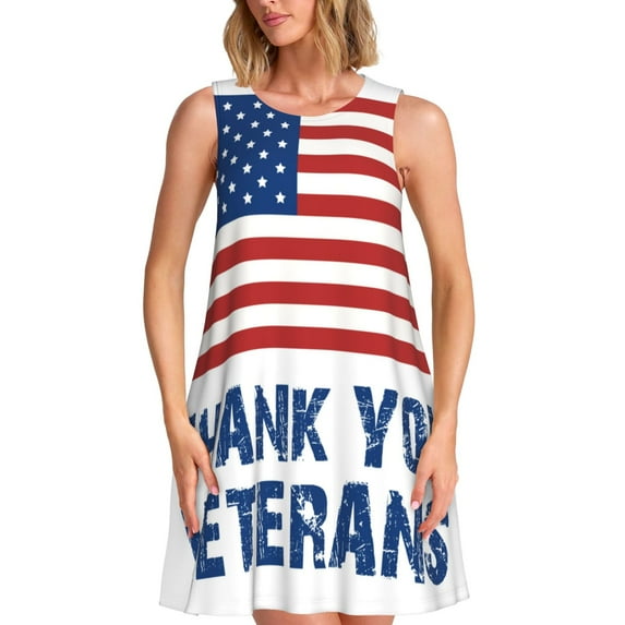 Honeii Thank You Veterans Print Women's Sleeveless Dress, Loose Fit Casual Dress for Women, Summer Fashion Dress