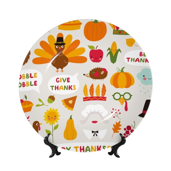 Honeii Thanksgiving Print Elegant Bone China Decorative Plate, Porcelain Plate,Art Crafts,Ceramic Ornaments for Home Office Wall Decor-6in