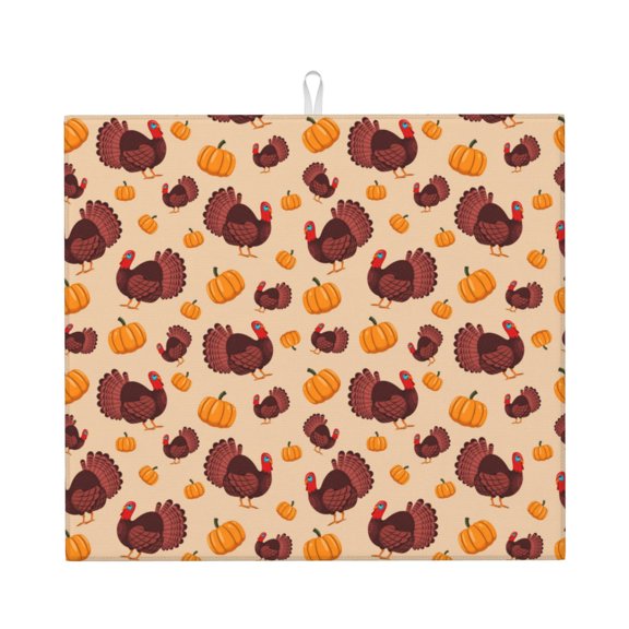 Honeii Thanksgiving Turkey and Pumpkin for Dish Drying Mat for Kitchen Counter, Non-slip Rubber Backed, Hide Stain Kitchen Super Absorbent Draining Mat, Dish Rack Pad