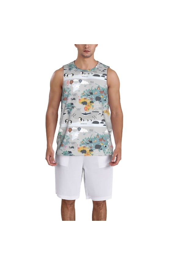 The World Map with Cartoon Animals print basktball shirt for men and women, Unisex basketball jersey for Theme party-Medium