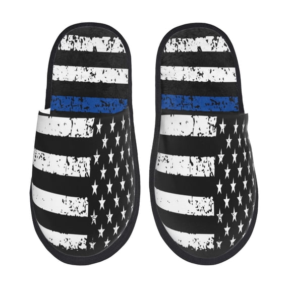 Honeii Thin Blue Line Flag Print Furry Slippers Bedroom Slippers for Women and Men Fuzzy Plush Comfy Faux Fur Lined Slide Shoes -Medium