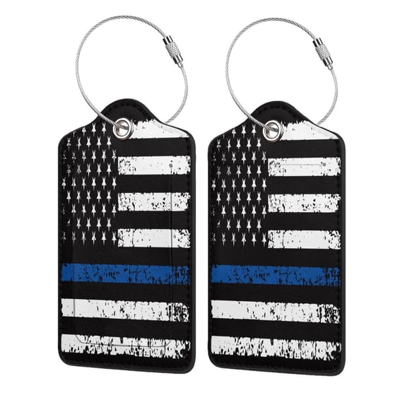 Honeii Thin Blue Line Flag Print Leather Luggage Tag for Suitcases,ID Tags,Bag Tags for Luggage,Functional Travel Tag-1
