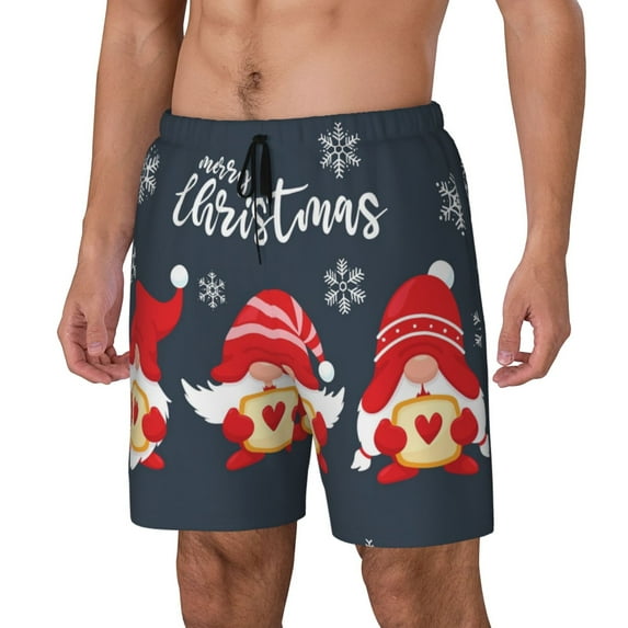Honeii Three Cute Christmas Gnomes Print Men's Swim Shorts,Mens Swim Trunks,Breathable Mesh Beach Shorts for Swimming,Surfing, and Beach Activities-X-Large