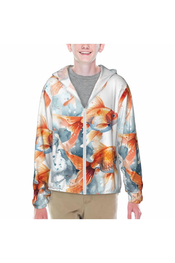 Three Goldfish Watercolor Splash Print Sun Protection Jacket Hooded Cooling Shirt with Pockets Hiking Outdoor Performance-Small