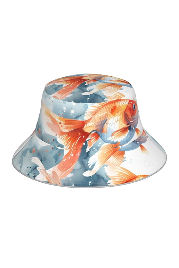 Three Goldfish Watercolor Splash for Unisex Bucket Hat Waterproof Rain Hat Reversible Shiny Rave Bucket Hat for Concert Festival Boonie Cap