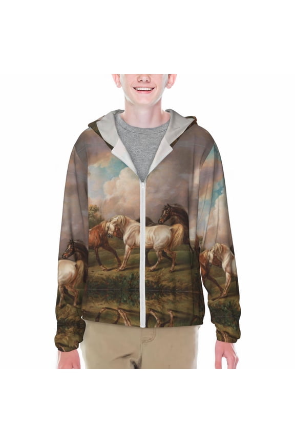 Three Horses Oil Painting Print Sun Protection Jacket Hooded Cooling Shirt with Pockets Hiking Outdoor Performance-Medium