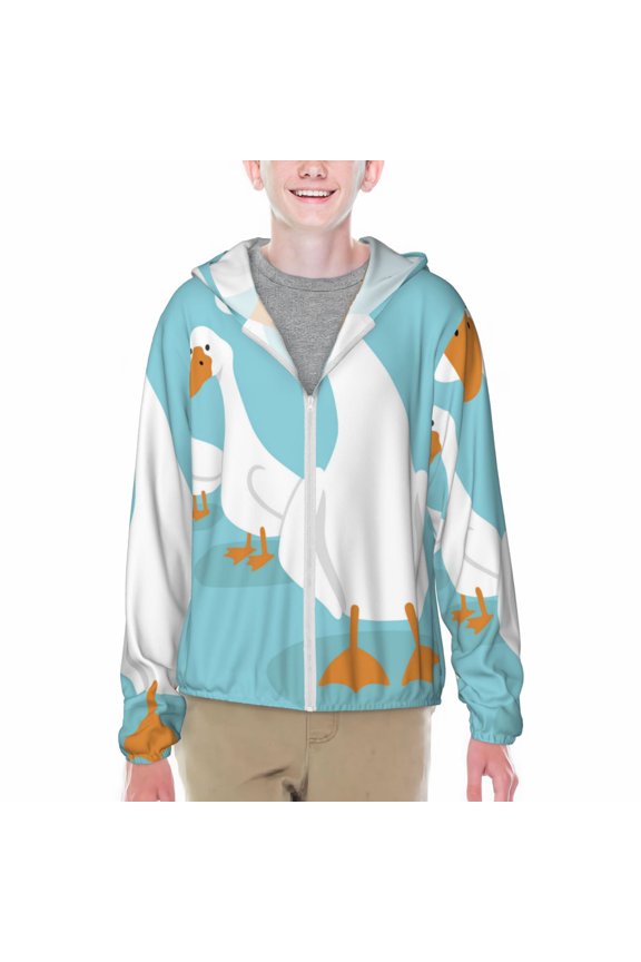 Three White Geese Print Sun Protection Jacket Hooded Cooling Shirt with Pockets Hiking Outdoor Performance-Large
