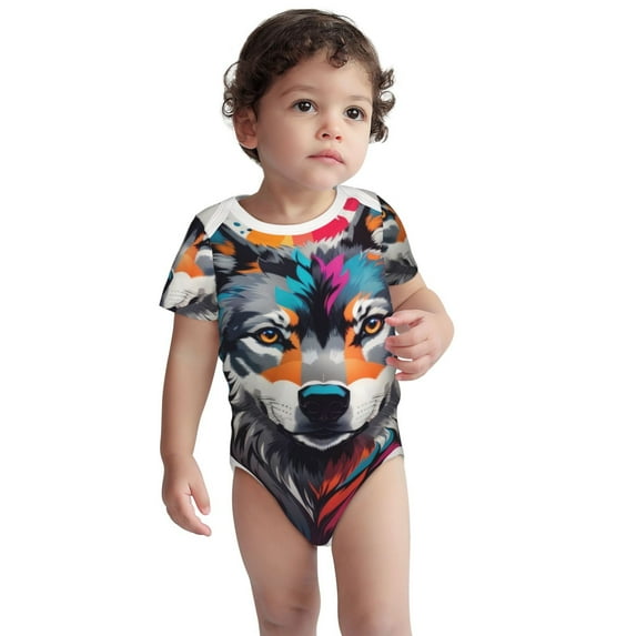 Honeii Tie-Dye Wolf Head Pattern unisex-baby Short-sleeve Bodysuit,One-piece Bodysuit 100% Organic Cotton-12 Months