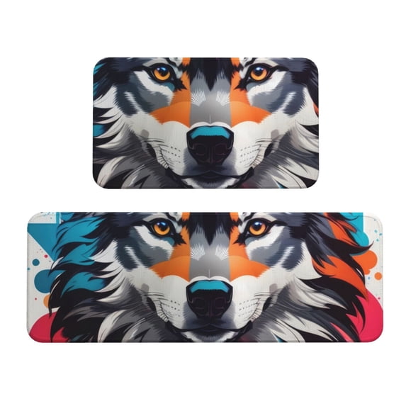 Honeii Tie-Dye Wolf Head Print Kitchen Mat [2 PCS] for Floor, Waterproof Non-Slip Rugs, Kitchen Decor,Standing Mat for Floor,Office, Sink, Laundry